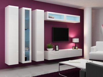 Стенка в гостиную Cama Vigo 6 в стиле хай-тек 180x300x42 Белый мат/Белый глянец фото - artos.in.ua