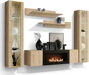 Стінка у вітальню з біокаміном ASM FLY M2 HJ FY M2, 260 см, Hickory Jackson фото - artos.in.ua