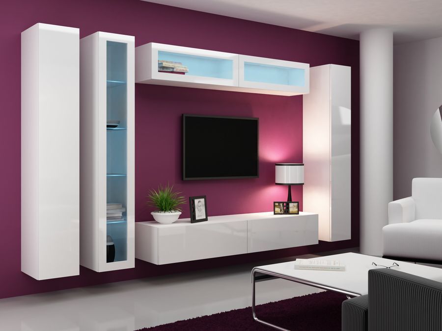 Стенка в гостиную Cama Vigo 6 в стиле хай-тек 180x300x42 Белый мат/Белый глянец фото - artos.in.ua
