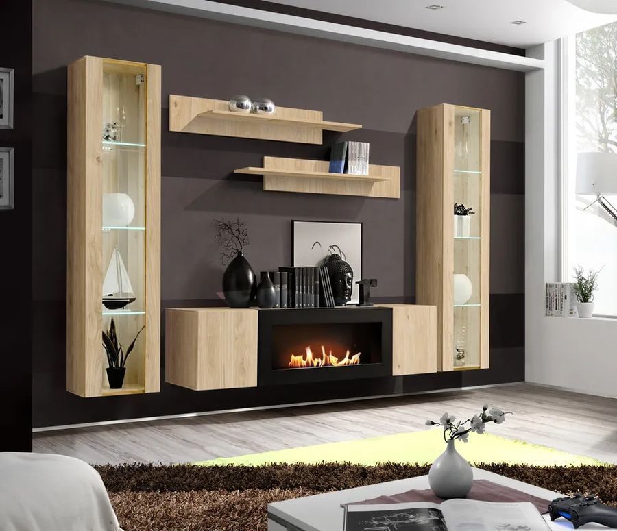 Стінка у вітальню з біокаміном ASM FLY M2 HJ FY M2, 260 см, Hickory Jackson фото - artos.in.ua