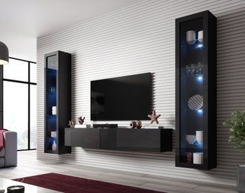 Стінка у вітальню CAMA VIGO SLANT 6, 260 см &mdash; Чорний мат / Чорний глянець фото - artos.in.ua