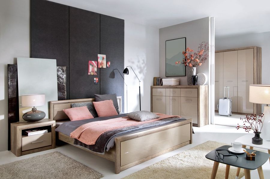 Комплект мебели в спальню Koen 2 BRW монументальный дуб / песочно-серый глянец Польша