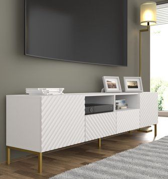 Тумба під телевізор SURF 200 см 2D2S білий матовий на золотих ніжках BIM Furniture Польща фото - artos.in.ua