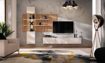 Стенка в гостиную ASM Gusto LUX B CAS GTW B, кашемир / Artisan, черные ламели, стекло фото - artos.in.ua