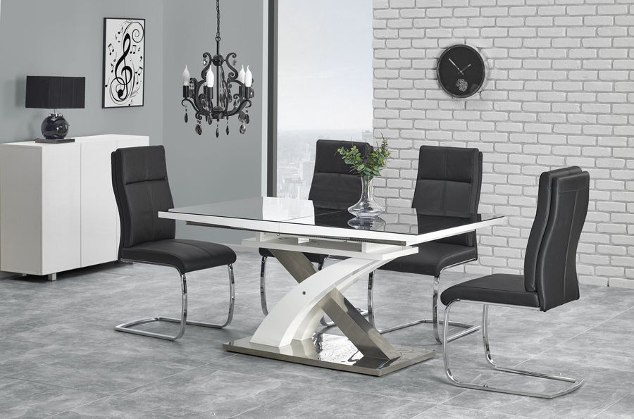 Стол обеденный раскладной в гостиную, кухню Sandor-2 160(220)x90 стекло/МДФ, сталь черно-белый Halmar Польша