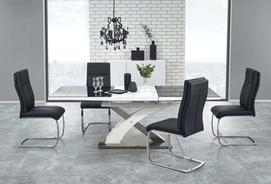Стол обеденный раскладной в гостиную, кухню Sandor-2 160(220)x90 стекло/МДФ, сталь черно-белый Halmar Польша
