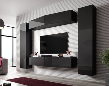 Стінка у вітальню CAMA VIGO SLANT 7, 230 см &mdash; Чорний мат / Чорний глянець фото - artos.in.ua