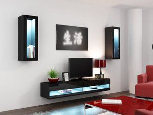 Стінка Cama Vigo New 11 в стилі хай-тек 180x250x42 Чорний мат/Чорний глянець фото - artos.in.ua