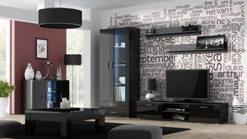 Стенка в гостиную CAMA SOHO 9, 260 см &mdash; Черный мат / Черный глянец фото - artos.in.ua