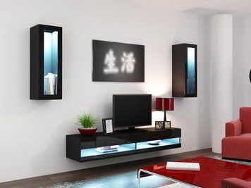 Стенка в гостиную Vigo New 11 в стиле хай-тек 180x250x42 Черный мат/Черный глянец фото - artos.in.ua