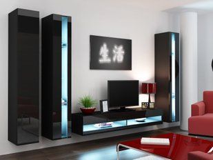 Стінка в зал, у вітальню Cama Vigo New 6 з дсп корпусом 180x260x42 Чорний мат/Чорний глянець фото - artos.in.ua
