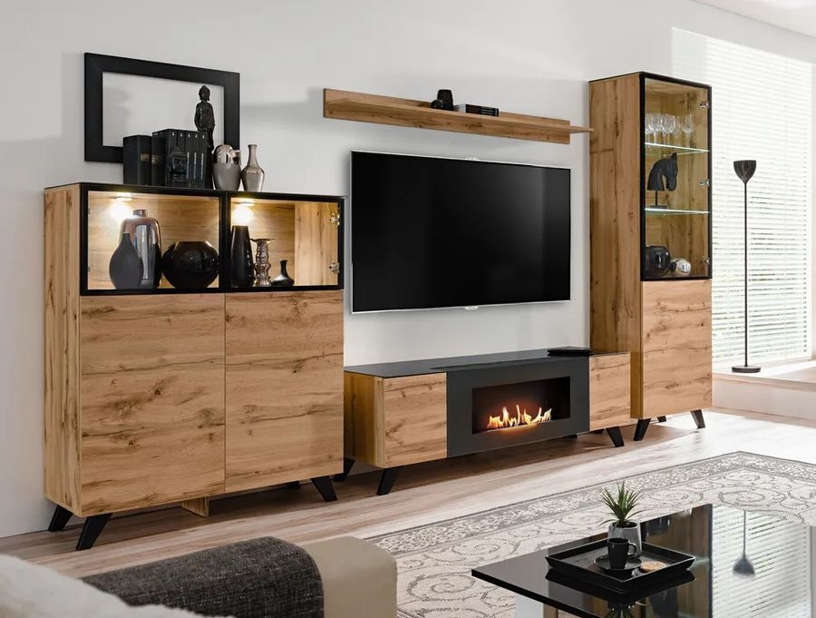 Стенка в гостиную с биокамином ASM Thin WT TH-K, 340 см, дуб Wotan / черный, LED фото - artos.in.ua