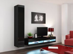Стінка у вітальню, в зал Cama Vigo New 9 в стилі хай-тек 180x220x42 Чорний мат/Чорний глянець фото - artos.in.ua