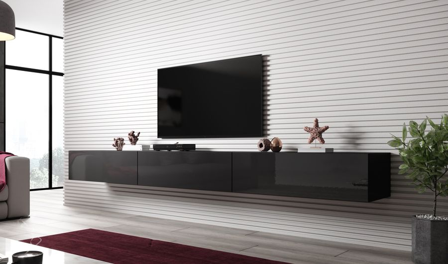 Длинная тумба под телевизор CAMA Vigo 300 в современном стиле Черный мат/Черный глянец (Польша)