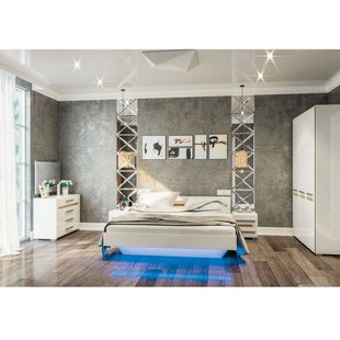 Біла глянцева спальня в стилі модерн Б'янко з вставками дуб сонома та підсвічуванням фото - artos.in.ua