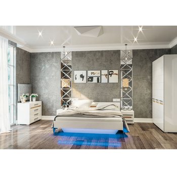 Спальня Бьянко в стиле модерн с вставками дуб сонома и подсветкой, белая глянцевая