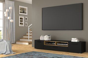 Тумба под телевизор ANETTE 198 см черный мат/дуб артизан на черных ножках BIM Furniture Польша фото - artos.in.ua