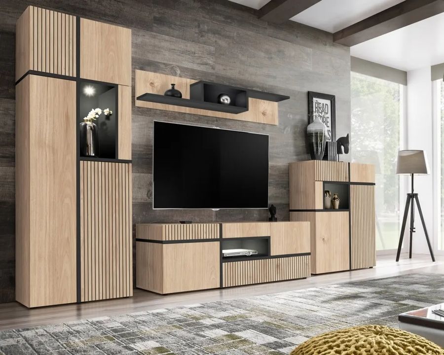 Стенка в гостиную ASM Cross HJZ CS, 330 см, Hickory Jackson / черный, LED фото - artos.in.ua