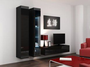 Стінка у вітальню з вітриною Cama Vigo 10 180x220x42 Чорний мат/Чорний глянець фото - artos.in.ua