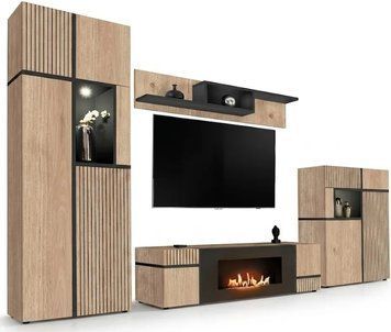 Стенка в гостиную с биокамином ASM Cross HJZ CS-K, 330 см, Hickory Jackson / черный, LED фото - artos.in.ua