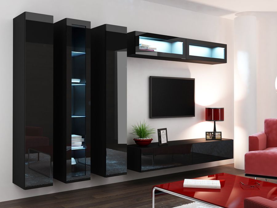 Стінка у вітальню, в зал Cama Vigo 6 із системою пуш-клік 180x300x42 Чорний мат/Чорний глянець фото - artos.in.ua