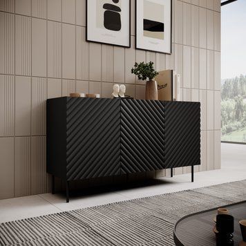Комод CAMA ONDA 150 3D2SZ &mdash; Черный / Дуб артизан, с рифлёными фасадами фото - artos.in.ua
