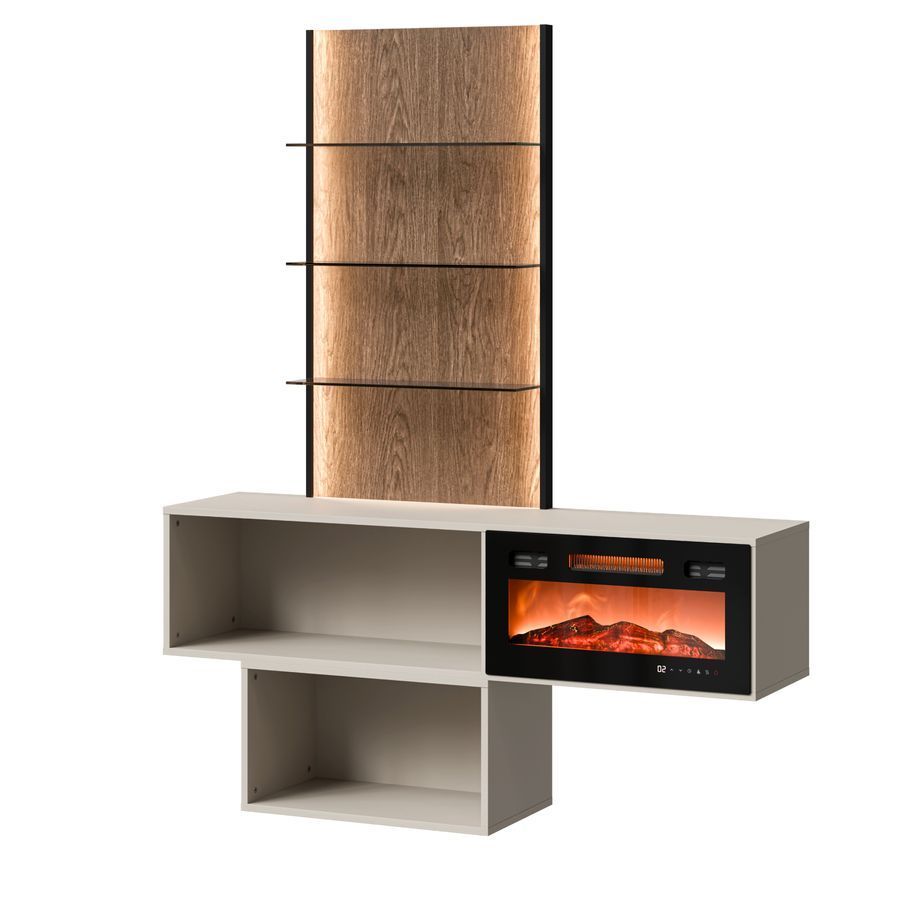Витрина-стеллаж CAMA LAVI 140 с LED и камином &mdash; кашемир мат; камин внизу фото - artos.in.ua