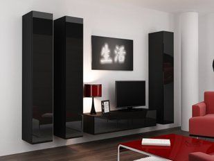Стінка в зал, у вітальню Cama Vigo 14 в стилі хай-тек 180x260x42 Чорний мат/Чорний глянець фото - artos.in.ua