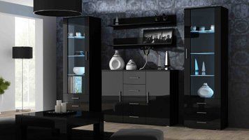 Стінка у вітальню CAMA SOHO 3, 252 см &mdash; Чорний мат / Чорний глянець фото - artos.in.ua
