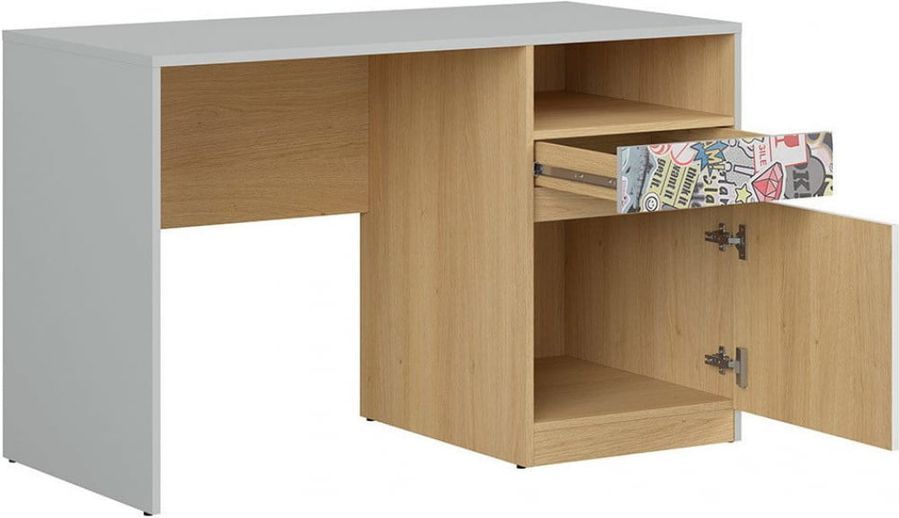 Письменный стол BRW Nandu S441-BIU1D1S-JSZ/DP/BIP/SCR, светло-серый, дуб польский, белый глянцевый, наклейка фото - artos.in.ua