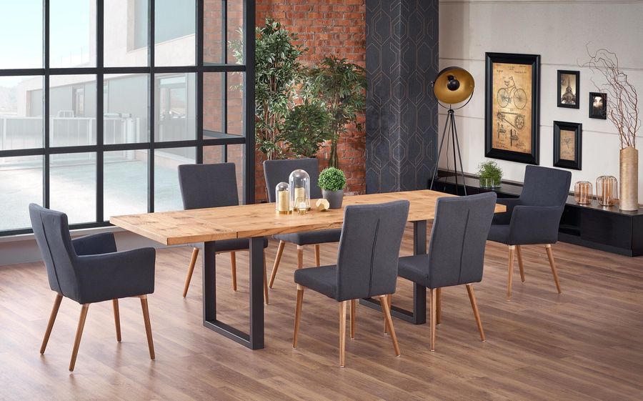 Стол обеденный раскладной в гостиную, кухню Perez 160(250)x90 дерево, шпон дуб натуральный/металл черный Halmar Польша
