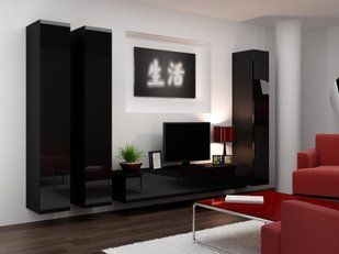 Стінка у вітальню, в зал Cama Vigo 1 із системою пуш-клік 180x300x42 Чорний мат/Чорний глянець фото - artos.in.ua
