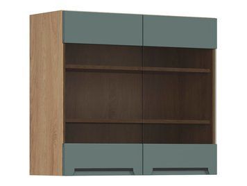 Шафа кухонна навісна BRW Iris 80 &mdash; дуб хікорі / зелений boho мат, 2 дверцята, скляний фасад фото - artos.in.ua
