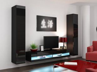 Стінка в зал, у вітальню з пеналом Cama Vigo New 4 80x260x42 Чорний мат/Чорний глянець фото - artos.in.ua