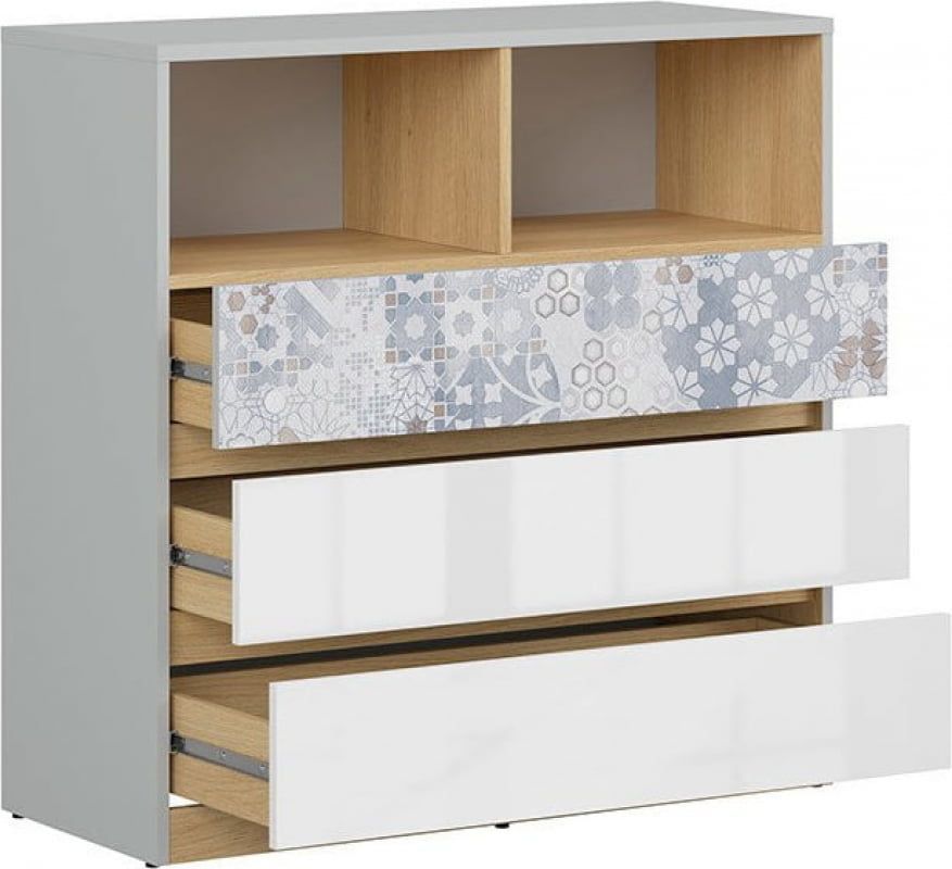 Комод BRW Nandu S441-KOM3S-JSZ/DP/BIP/ARK, светло-серый, дуб польский, белый глянцевый, арабеска фото - artos.in.ua