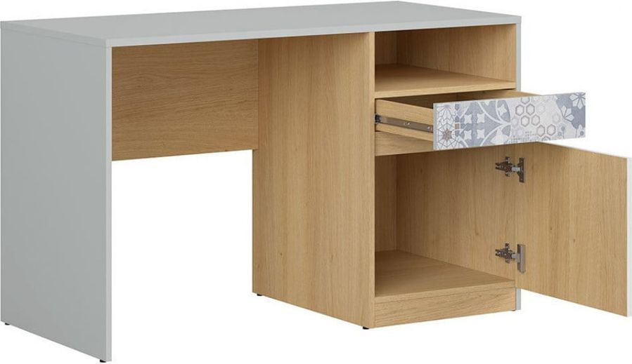 Письменный стол BRW Nandu S441-BIU1D1S-JSZ/DP/BIP/ARK, светло-серый, дуб польский, белый глянцевый, арабеска фото - artos.in.ua