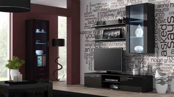 Стенка в зал с витриной Cama Soho 6 192x300x43 Черный мат/Черный глянец фото - artos.in.ua