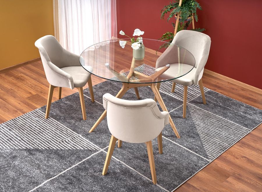 Стіл обідній круглий в вітальню, кухню Ashmore 120x120 скло прозорий / дерево дуб натуральний Halmar фото - artos.in.ua
