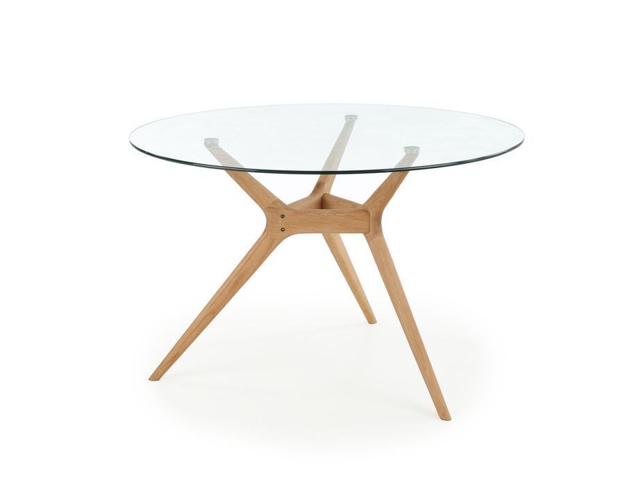 Стіл обідній круглий в вітальню, кухню Ashmore 120x120 скло прозорий / дерево дуб натуральний Halmar фото - artos.in.ua