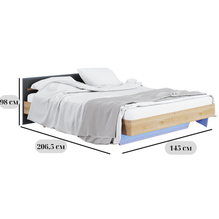 Ліжко полуторне з підсвічуванням Б'янко дуб артизан, розмір 140х200 см, з вставками графіт і ламелями, без матраца
