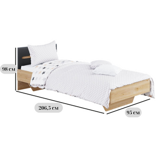Ліжко односпальне для підлітка Б'янко розміром 90х200 см, дуб артизан, з вставками графіт і ламелями фото - artos.in.ua