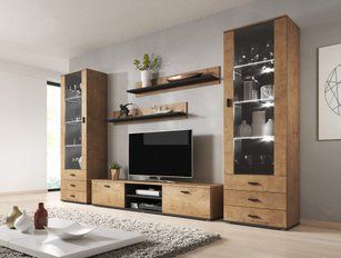 Сучасна стінка Cama Soho 4 лакована 192x300x43 Дуб Лефкас/Чорний мат фото - artos.in.ua